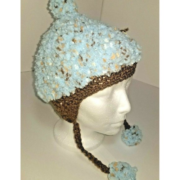 Toddler Child Lt Blue Brown Handmade Knitted Crochet Pom Pom Earflap Bomber Hat - Picture 6 of 9